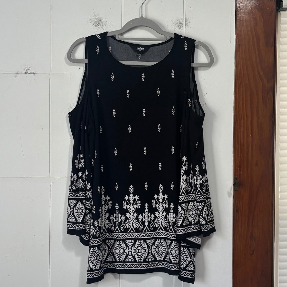 Slim Factor by Investments Plus Womens 1X Cold Shoulder Black White Print Top